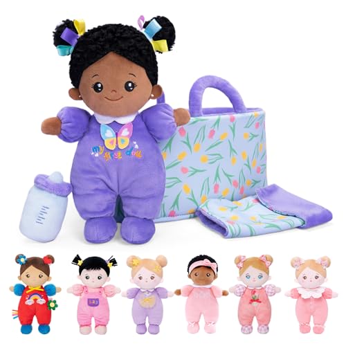 OUOZZZ Baby Puppe mit Tragetasche und Puppenzubehör Lila, 25cm Weiche Afrikanische Stoffpuppe Kuschelpuppe für Kinder ab 3 Monaten - Baby Geschenk zur Geburt Mädchen Jungen OUOZZZ Baby Puppe mit Tragetasche und Puppenzubehör Lila, 25cm Weiche Afrikanische Stoffpuppe Kuschelpuppe für Kinder ab 3 Monaten - Baby Geschenk zur Geburt Mädchen Jungen von OUOZZZ