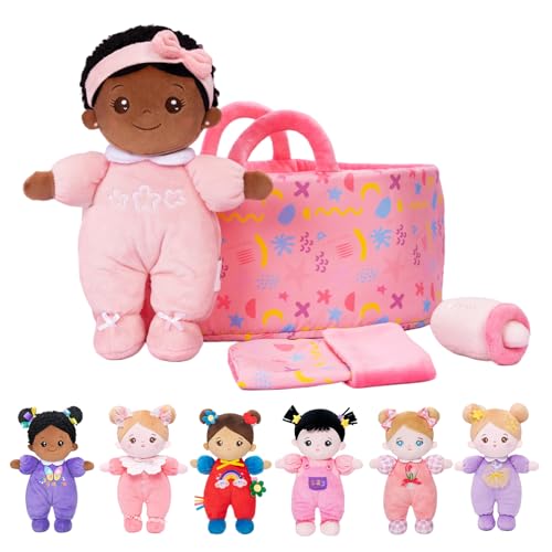OUOZZZ Baby Puppe mit Tragetasche und Puppenzubehör Rosa, 25cm Weiche Afrikanische Stoffpuppe Kuschelpuppe für Kinder ab 3 Monaten - Baby Geschenk zur Geburt Mädchen Jungen OUOZZZ Baby Puppe mit Tragetasche und Puppenzubehör Rosa, 25cm Weiche Afrikanische Stoffpuppe Kuschelpuppe für Kinder ab 3 Monaten - Baby Geschenk zur Geburt Mädchen Jungen von OUOZZZ
