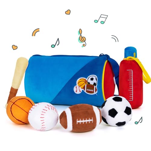 OUOZZZ Baby-Sportball-Stoffspielzeug – 6-teiliges Plüsch-Spielset, weiche Bälle, Geschenke mit Quietscher und Glöckchen, sensorische Puppen, Geburtstagsgeschenke für Kleinkinder, Jungen, 21,6 cm von OUOZZZ