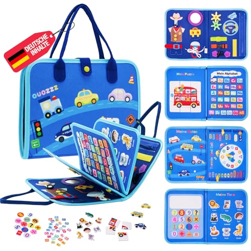 OUOZZZ Busy Board Deutsch Montessori Spielzeug ab 1 2 3 Jahre Kleinkinder, Sensorik Activity Board Motorikspielzeug, Geschenk Baby Lernspielzeug für Auto & Flugzeug Reise von OUOZZZ