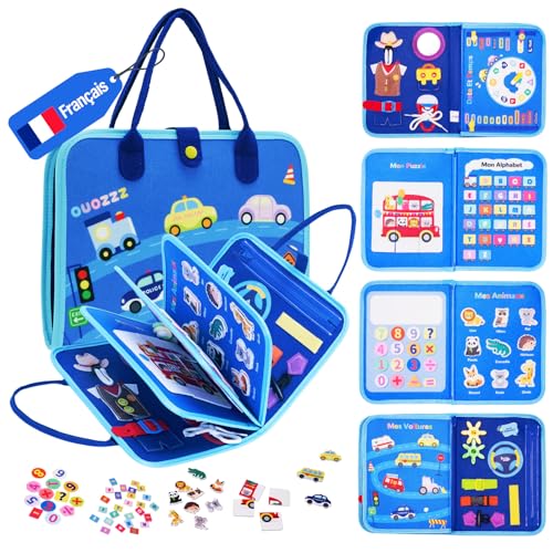 OUOZZZ Busy Board Französisch Montessori Spielzeug ab 1 2 3 Jahre Kleinkinder, Sensorik Activity Board Motorikspielzeug, Geschenk Baby Lernspielzeug für Auto & Flugzeug Reise von OUOZZZ