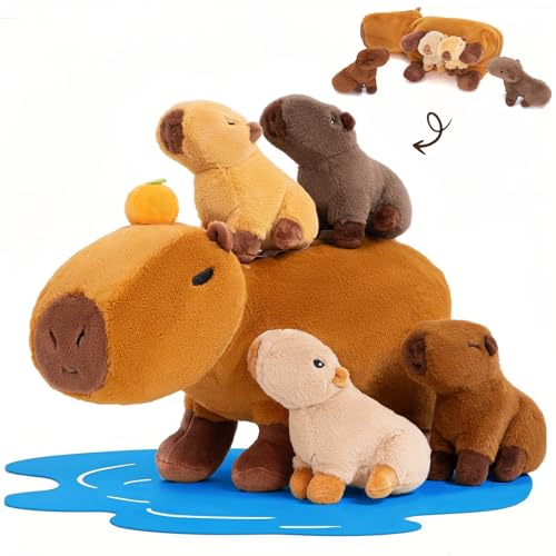 OUOZZZ 5 Stück Capybara Plüschtier, 38cm Weich Capybara Kuscheltier mit 4 Baby Capibara Stofftiers im Bauch - Baby Geburtstagsgeschenk für Mädchen Jungen Kinder von OUOZZZ