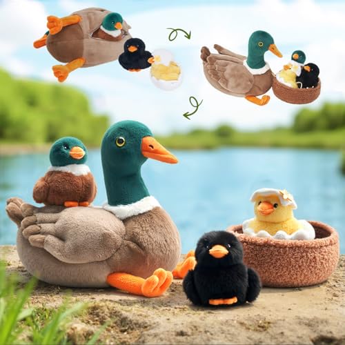 OUOZZZ Ente Kuscheltier Set, 5 Stück Weich Ente Plüschtier mit 3 Baby Stofftiere im Bauch - Geburtstagsgeschenk für Kinder Mädchen Jungen von OUOZZZ