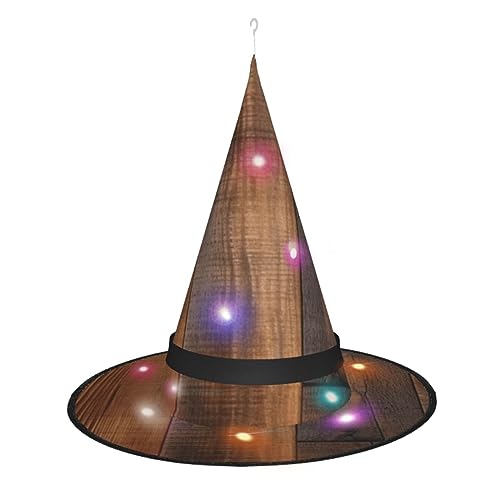 OUSIKA Brauner hölzerner Halloween-Hut zum Aufhängen, beleuchteter LED-Hut, Halloween, glänzender Hexenhut, Cosplay-Kappe für Halloween-Dekor von OUSIKA