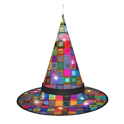 OUSIKA Bunte Quadrate, Halloween-Hut, zum Aufhängen, beleuchtet, LED-Hut, Halloween, glänzend, Hexenhut, Cosplay-Kappe für Halloween-Dekoration von OUSIKA