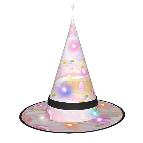 OUSIKA Pink Candy Land Halloween-Hut zum Aufhängen, beleuchteter LED-Hut, Halloween, glänzender Hexenhut, Cosplay-Kappe für Halloween-Dekor von OUSIKA