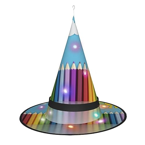 OUSIKA Regenbogen-Bleistift-Halloween-Hut zum Aufhängen, beleuchteter LED-Hut, Halloween, glänzender Hexenhut, Cosplay-Kappe für Halloween-Dekor von OUSIKA