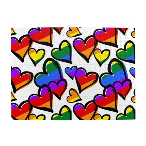 Regenbogenfarbene Gay Pride Herzen Druck Puzzle 500 Teile Holzpuzzle Geschenke Für Erwachsene Familie Hochzeit Abschluss Geschenk Vertikale Version von OUSIKA