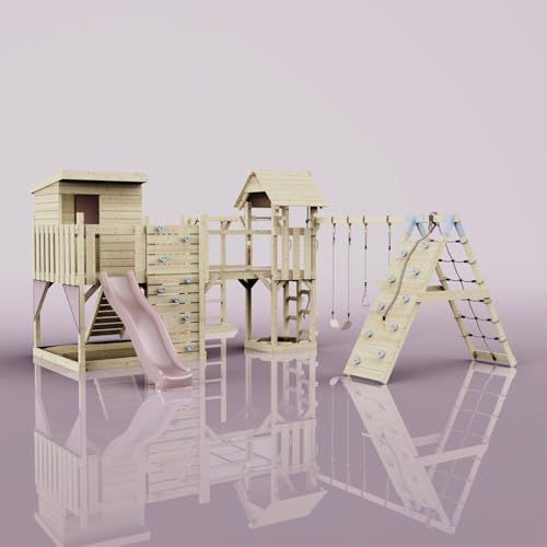 OutdoorToys Spielturm Lars aus Holz in Rosa Trapezschaukel von OUTDOORTOYS