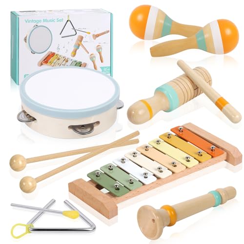 Musikinstrumente für Kinder ab 1 Jahre, 6 in 1 Holz Montessori Spielzeug mit Xylophon, Tamburin, Baby Musikspielzeug, Lernspielzeug Instrumente Kinder Geschenk für Jungen & Mädchen 1-3 Jahren von OUWANCH