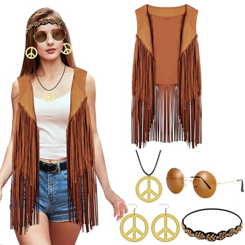 OWANVION 6 Stück Hippie Kostüm Set Damen Fransen Weste Faux Seude Quasten Weste 60er 70er Jahre Hippie Kostüm Zubehör Peace Sign Boho Set OWANVION 6 Stück Hippie Kostüm Set Damen Fransen Weste Faux Seude Quasten Weste 60er 70er Jahre Hippie Kostüm Zubehör Peace Sign Boho Set von OWANVION