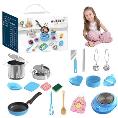 22-TLG Kinder Kochset Spielzeug,Komplettes Küchenset für Kleine,Edelstahl + ABS Outdoor Matschküche-Zubehör Set,Echtkoch-Funktion,Erzieherisches Lernspiel,Geschenkbox (Blau) von OWJHE