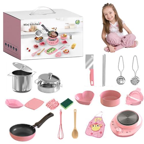 22-TLG Kinder Kochset Spielzeug,Komplettes Küchenset für Kleine,Edelstahl + ABS Outdoor Matschküche-Zubehör Set,Echtkoch-Funktion,Erzieherisches Lernspiel,Geschenkbox (Rosa) von OWJHE
