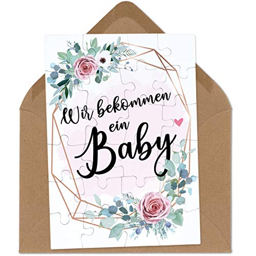 OWLBOOK Wir bekommen EIN Baby rosa Blumenkranz Puzzle mit Brief-Umschlag Geschenke Geschenkideen für die Familie zur Geburt & Schwangerschaft verkünden von OWLBOOK