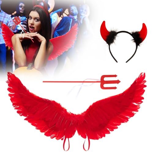 OWOAOOwl 3Pcs Engels flügel Kostüm,Teufelsohren,mit Dreizack,Teufel Ohren Haarband Haarreifen Fasching Karneval Halloween Party Kostüm Haarschmuck Stirnband Kostüm für Damen Herren & Kinder von OWOAOOwl