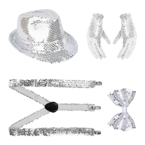 OWOAOOwl 4 Stück 70er Jahre Disco Karneval Outfit Herren Accessories, Pailletten Hut, Glitzer Fliege mit Schleife, Hosenträge und 2 Paar Glitzerhandschuhe, für Fasching Party,Jazz Dance Performence OWOAOOwl 4 Stück 70er Jahre Disco Karneval Outfit Herren Accessories, Pailletten Hut, Glitzer Fliege mit Schleife, Hosenträge und 2 Paar Glitzerhandschuhe, für Fasching Party,Jazz Dance Performence von OWOAOOwl