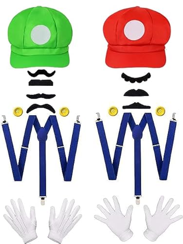 OWOAOOwl Mütze rot und grün,Cap,Mütze Set mit 2X Handschuhen und 12x Klebe-Bart,Karneval Fasching Party Verkleidung Kostüm Mützen,Kostüm für Erwachsene Kinder,für Fasching, Karneval Cosplay (B) von OWOAOOwl