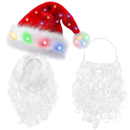 OWOAOOwl Weihnachtsmann Kostüm Set, 3 Stück Weihnachtsmütze Weihnachtsmann Bart und Perücke, Weihnachtsmann Bart + Perücke + Farbe LED Lichter Weihnachtsmütze, für Weihnachten Party Deko OWOAOOwl Weihnachtsmann Kostüm Set, 3 Stück Weihnachtsmütze Weihnachtsmann Bart und Perücke, Weihnachtsmann Bart + Perücke + Farbe LED Lichter Weihnachtsmütze, für Weihnachten Party Deko von OWOAOOwl