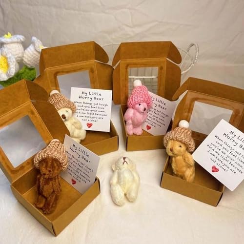 Worry Bear Hug in a Box,Handmade Mini Plush Te-ddy Bear in A Box,My Little Worry Bear with Inspirational Card,Sympathy Gift for Christmas and Valentine's Day, Desk Accessories (4Pcs) von OWSEN