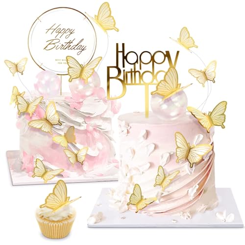 OWill 22 Teilige Beige Schmetterling Happy Birthday Tortendeko, 3D Schmetterling Cake Topper Geburtstag, Geeignet für Kuchen Deko für Geburtstagskuchen, Hochzeit und Partykuchen(Beige)… von OWill