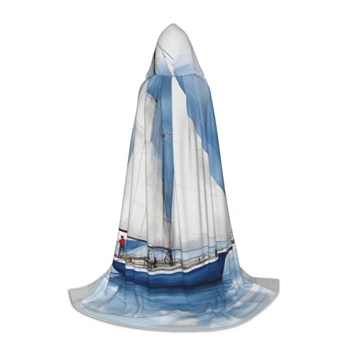 OXKGHHO Blauer langer Umhang mit Segelboot-Druck, mit Kapuze, Vampir- und Halloween-Kostüme, perfekt für Rollenspiele und Partys von OXKGHHO