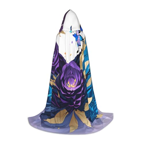 OXKGHHO Langer Umhang mit Kapuze, violetter Schmetterlings-Druck, Vampir- und Halloween-Kostüme, perfekt für Rollenspiele und Partys von OXKGHHO