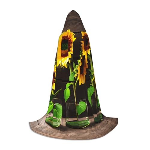 OXKGHHO Langer Umhang mit drei Sonnenblumen auf Holzdruck, mit Kapuze, Vampir- und Halloween-Kostüme, perfekt für Rollenspiele und Partys von OXKGHHO