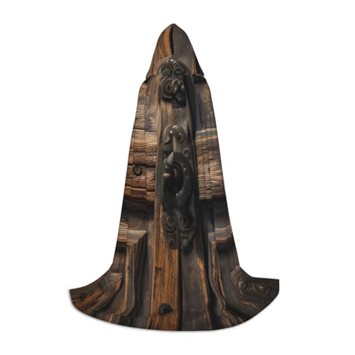 OXKGHHO Rustikaler antiker Holz-Tür-Druck, langer Umhang mit Kapuze, Vampir- und Halloween-Kostüme, perfekt für Rollenspiele und Partys, Schwarz, Large von OXKGHHO