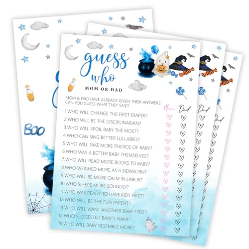 OXRUN Lustige Babyparty-Spiele, Halloween, Guess Who Mama oder Papa, 30 doppelseitige Spielkarten zum Ausfüllen für den kleinen Geist, Geschlecht, enthüllt gruseliges Partyzubehör – C01 von OXRUN