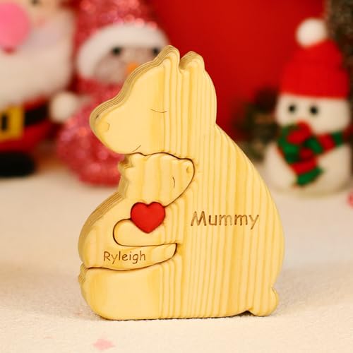 Personalisiertes Holzkunstpuzzle der Bärenfamilie mit Namen, Holz Bär Skulpturen Desktop Ornament Home Tischdekoration Personalisierte Mama/Papa (Alleinerziehender Bär) von OXYEFEI