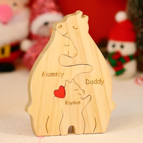 Personalisiertes Holzkunstpuzzle der Bärenfamilie mit Namen, Holz Bär Skulpturen Desktop Ornament Home Tischdekoration Personalisierte Mama/Papa (Bär) von OXYEFEI