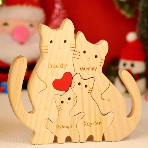 Personalisiertes Holzkunstpuzzle der Bärenfamilie mit Namen, Holz Bär Skulpturen Desktop Ornament Home Tischdekoration Personalisierte Mama/Papa (Kätzchen) von OXYEFEI