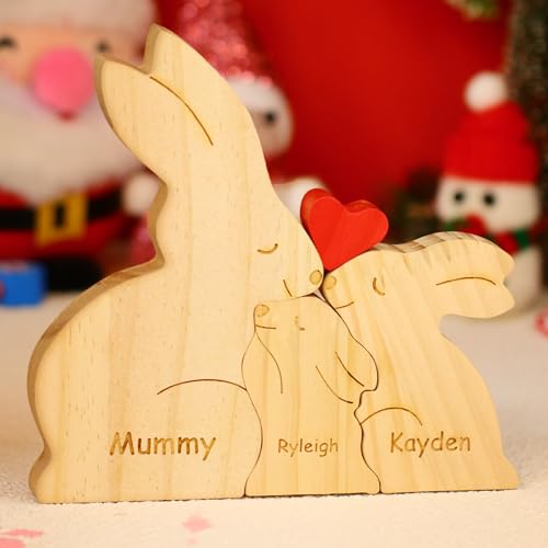 Personalisiertes Holzkunstpuzzle der Bärenfamilie mit Namen, Holz Bär Skulpturen Desktop Ornament Home Tischdekoration Personalisierte Mama/Papa (Kaninchen) von OXYEFEI