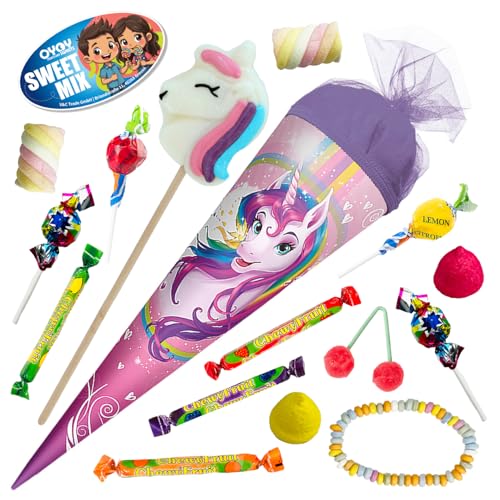 OYOY 22cm Schultüte gefüllt mit Süßigkeiten Mix I ROTH Schultüte Einhorn I kleine Schultüte fertig gefüllt I Geschwister Schultüte I Kindergartentüte I Zuckertüte Mädchen von OYOY