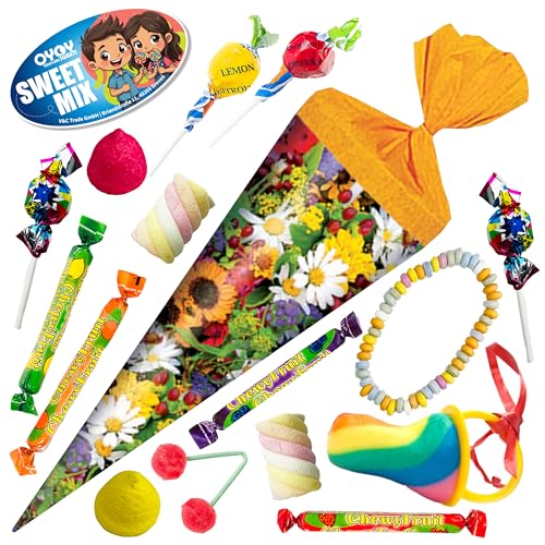 OYOY 22cm Zuckertüte gefüllt mit 175g Süßigkeiten Mix I Blumenwiese I kleine Schultüte Ausbildungsbeginn I Geschenke zum Studienbeginn und Schulabschluss von OYOY