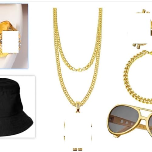 6 Stück Zuhälter Kostüm, 80er 90er Jahre Outfit Herren Hip Hop Kostüm, Hip Hop Rapper Kostüm, Schwarze Fischer-Mütze, Sonnenbrille, Dollar-Halskette, Dollar-Ring, Goldenes Armband für Karneval Mottopa von OZXVXZO
