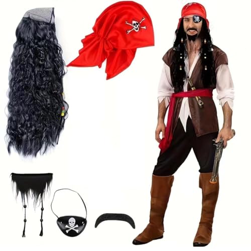 Halloween Piratenkostüm Set,Piratenkapitän Kostümzubehör,6 Stück Piraten Kostüm Zubehör Set, Enthält Piratenperücke, Kopftuch, Bart, Augenklappe, Roten Gürtel,Kapitän Dress Up Set für Halloween Cospla Halloween Piratenkostüm Set,Piratenkapitän Kostümzubehör,6 Stück Piraten Kostüm Zubehör Set, Enthält Piratenperücke, Kopftuch, Bart, Augenklappe, Roten Gürtel,Kapitän Dress Up Set für Halloween Cospla von OZXVXZO