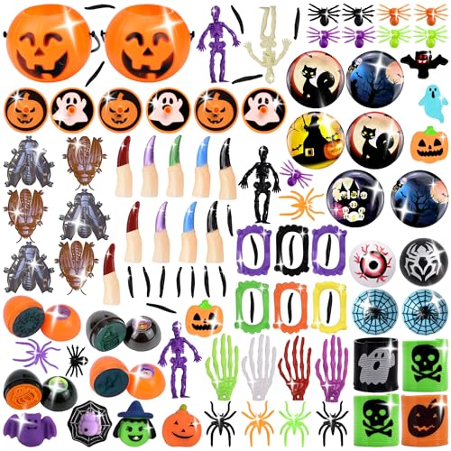 OZXVXZO 100 Stück Halloween Party Mitgebsel Kindergeburtstag, Party Bag Fillers Unise,Enthält Spinnenringe, Geisterzähne, Kürbiskörbe, Skelettfiguren usw für Halloween Kinder Party Geburstag von OZXVXZO