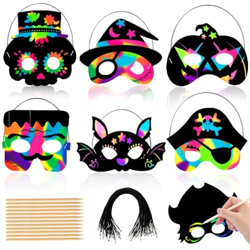 OZXVXZO 24 Stück Halloween Kratzbilder Masken, Magische Kratzmasken, Regenbogen Kratzpapier Set mit Elastischen Kordeln Holzstiften für Halloween Kindergeburtstag von OZXVXZO