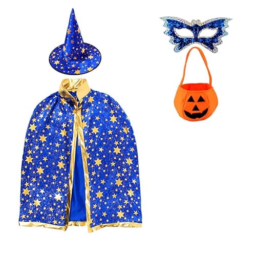 OZXVXZO 4 pcs Kinder Halloween Kostüme Hexen Zauberer Umhang mit Hut Kürbis Candy Bag Augenmaske, Zauberer Cape Halloween Kinder Kostüm Cosplay Kostüm für Kinder Kleinkinder Jungen/Mädchen-B von OZXVXZO