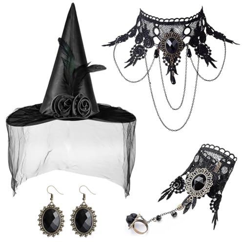 OZXVXZO Hexe Hut Kostüm Set, Hexenhut und Gotisch Armbänder, 4PCS Hexen Zubehör, Retro Spitze Vampir Armband, Hexenkostüm, Halloween, Karneval, Fasching, Cosplay Maskerade Zubehör von OZXVXZO