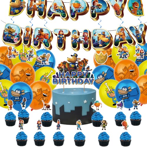 OZXVXZO Dog Man Party Luftballons, 38 Stück Cartoon Geburtstag Dekoration, Party Kindergeburtstag Dek, Mädchen Junge Partyzubehör mit Happy Birthday Banner Ballons Cakecup Topper von OZXVXZO