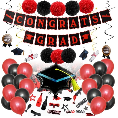 Abschlussdekorationen Klasse von 2024, 1Set 2024 Abschlussdekorationen mit Luftballons, Streamern, Bannern und Blumenkugeln für High School & College -Feierlichkeiten (Schwarzrot) von Obelunrp