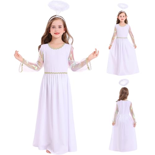 Engel Kostüm für Mädchen runden Hals Heiliges weißes Engel Kostüm beinhaltet Kleid & Stirnband Weihnachten Halloween Kostüme für Mädchen für Party, Cosplay, Bühne, M, für Weihnachtsdekoration von Obelunrp