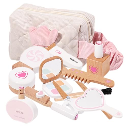 Holz Make -up -Spielzeugset tun Make -up -Kit mit Curling -Eisen, Haartrockner, Kamm, Spiegel, Lippenstift, Wimperntusche, Parfüm und mehr pädagogischem Kleinkind -Kit für Girls Style 2, Holzspielzeu von Obelunrp