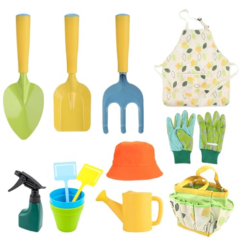 Kids Gardening Set, 11pcs/Set Kids Gardening -Werkzeuge mit Hut, Handschuhen, Schaufel, Rechen, Wässerungspotentasche und Aufbewahrungstasche, Kleinkind -Gartenset, Kid Gardening Tools für Mäd von Obelunrp