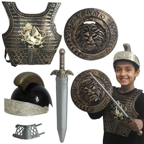 Knight Costume Kids 5pcs/Set Dragon Muster mittelalterliche Ritterpanzerung umfasst Helm, Schild, Schwert, Armbandwächter und Rüstung für Halloween -Cosplay -Rollenspiele, Kostümkinder, Weihnachtsdek von Obelunrp