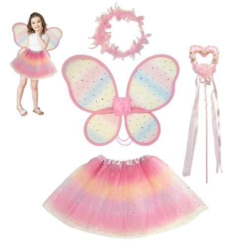 Obelunrp 1 Set Fairy Kostüm Kids, süße Schmetterlingsflügelprinzessin Kostüme für Mädchen mit Zauberstab, Girlande für Cosplay und Dress-up-Spiel, Feenkostüm für Mädchen, Prinzessin von Obelunrp