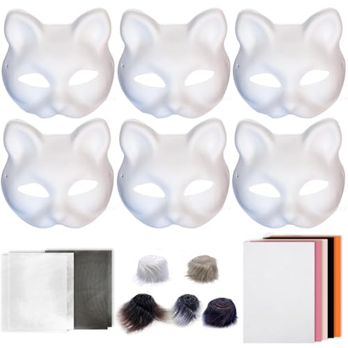 Obelunrp 1Set Therian Mask Kit mit Wollstreifennetz Stoff halb Gesichtskatze Katze Maske Lustige Kleidung zum DIY Paint Therian für Halloween Make-up Rollenspiel-Cosplay-Party, Katze von Obelunrp