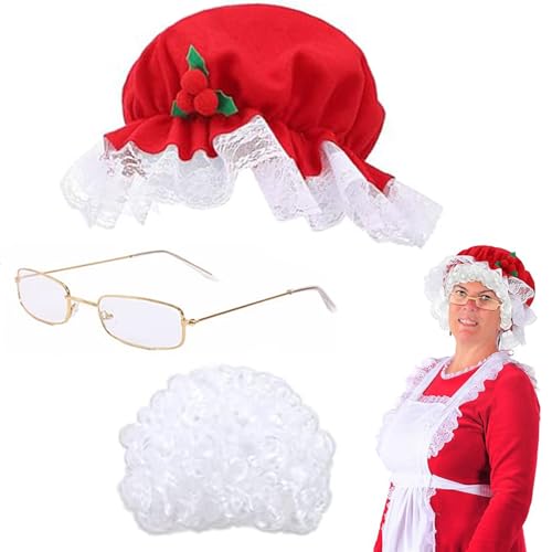 Obelunrp 4 PCs/Set Frau Claus Kostüm umfasst weiße Perücke, rote Weihnachtshut, Brille, Haarnetz Einer Größe Old Lady Kostüm für Erwachsenen Weihnachts -Cosplay, Frau Claus Adult Women, Decor von Obelunrp